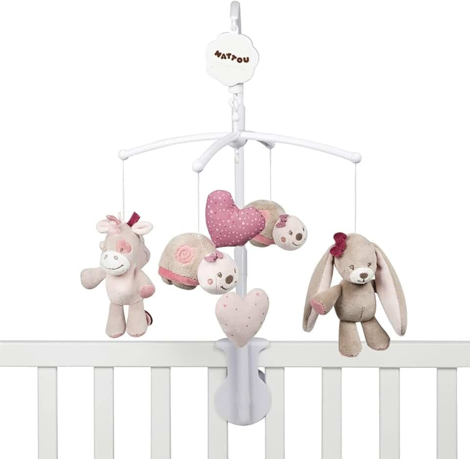 Nattou Mobile mit Spieluhr Nina, Jade und Lili, Sanftes Wiegelied "La-Le-Lu", 48 x 7 x 15 cm, Beige/Rosa/Weiß