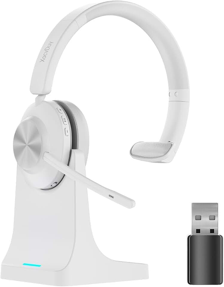 Bluetooth Headset, Wireless Headset with Mic for Work, Bluetooth 5.3, Wireless Headphones with AI Noise Cancelling Microphone (Clear Calls & Mic Mute), USB Dongle, for Computer/PC(White)