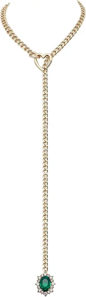 Women's Heart O-Ring Slip Chain Necklace, Double Layered Adjustable 39'' Cuban Chain with Detachable Heart Clasp and Colorful Rhinestone Pendant
