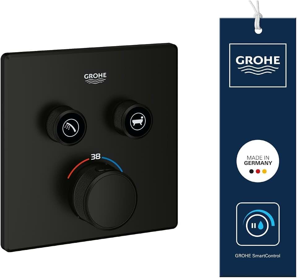 GROHE Grohtherm Smartcontrol, Duscharmatur Thermostat Unterputz (2 Absperrventile, ultraflaches Design, Wandrosette aus Metall, Fertigmontageset, ohne Rohbau-Set SmartBox) mattschwarz, 291242430