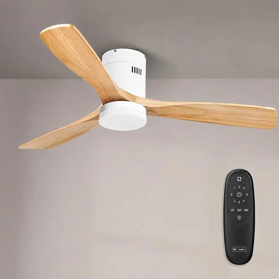 M mimotec LED-Deckenventilator Energy 48 W, Weiß, Fernbedienung, Motor DC 30 W + LED-Licht 18 W, 6 Geschwindigkeiten, leise, 3 Flügel aus Naturholz, 132 cm, Sommer-/Winterfunktion, Timer