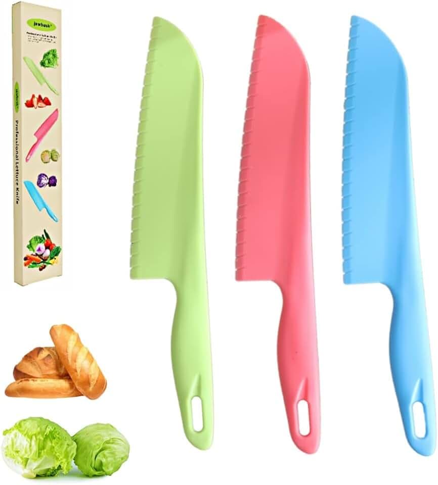 jawbush Professional Lettuce Knife to Prevent From Turning Brown, 11" Plastic Serrated Knives for Veggie, Fruit, Cake, Salad, Chef Knife for Cutting - Safe & Durable Nylon Knife Set, 3 Pack
