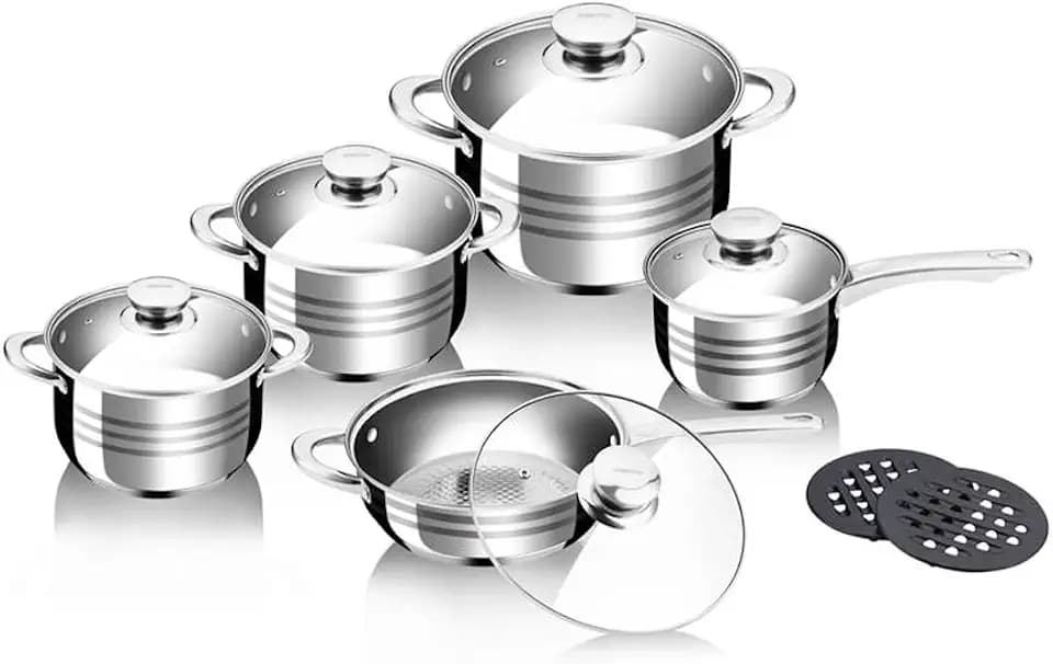 ROYALTY LINE, 12-teiliges Set, Kochgeschirr aus Edelstahl, einschließlich Pfanne und Töpfe mit Glasdeckeln, für alle Herdarten geeignet, 24 cm, Silber