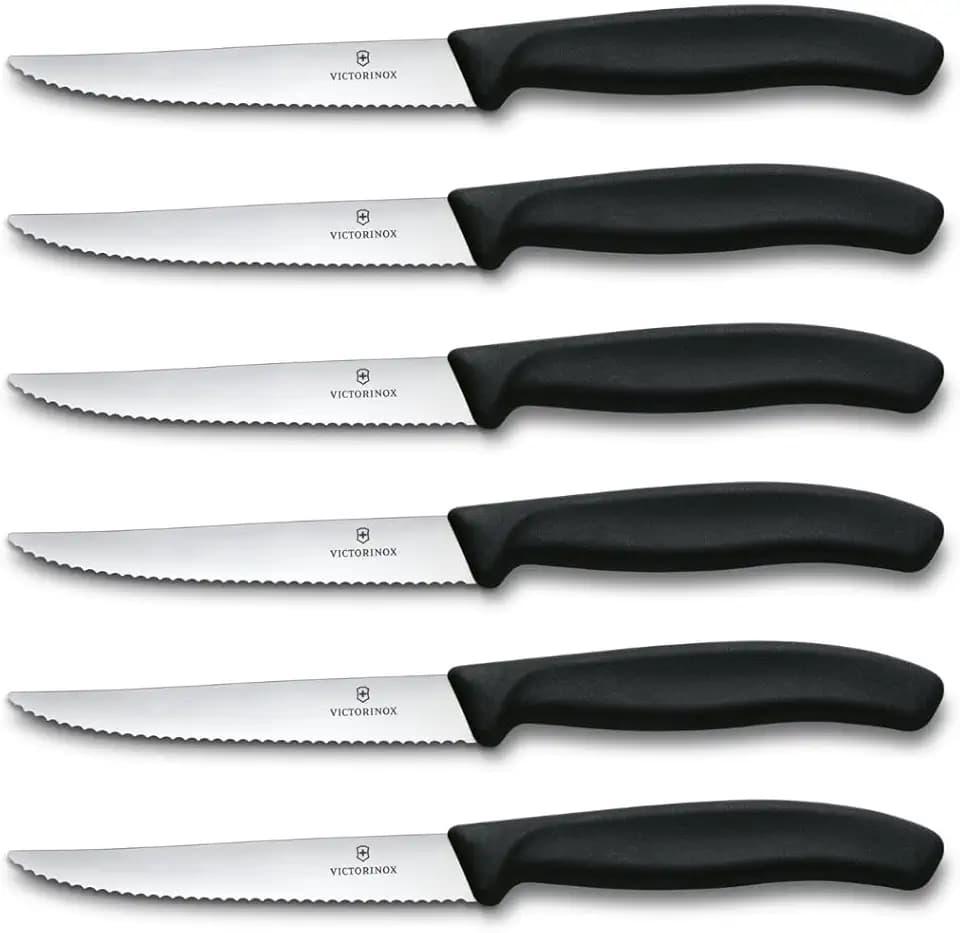 Victorinox Swiss Classic Profi Steak- und Pizzamesser-Set, 6-teilig, Tafelmesser, Wellenschliff, Scharfe Klingen, 11 cm, Robuste Kunststoffgriffe, Schwarz