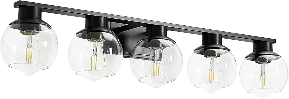 5-Lights Black Bathroom Vanity Lights, Modern Bathroom Lighting Fixtures with Globe Glass Shade, 37in Matte Black Wall lamp for Bath Over Mirror Kitchen Cabinet Bedroom Hallway Living Room Farmhouse