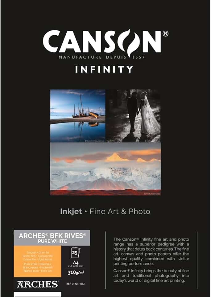 Canson Infinity BFK Rives 100% Textur, 310 g, Box A4, 25 Stück, reinweiß