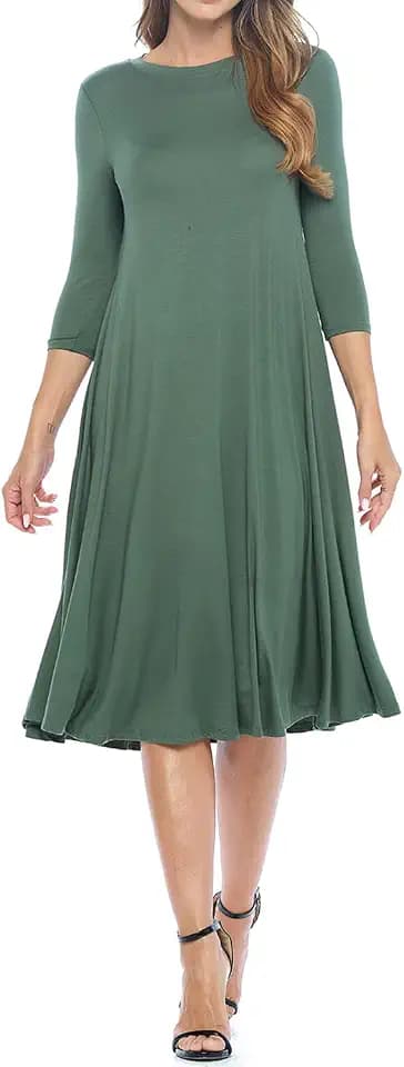iconic luxe Women's Swing Midi Dress – 3/4 Sleeve Flowy A-Line Tunic – Soft, Stretchy, Comfortable, and Versatile