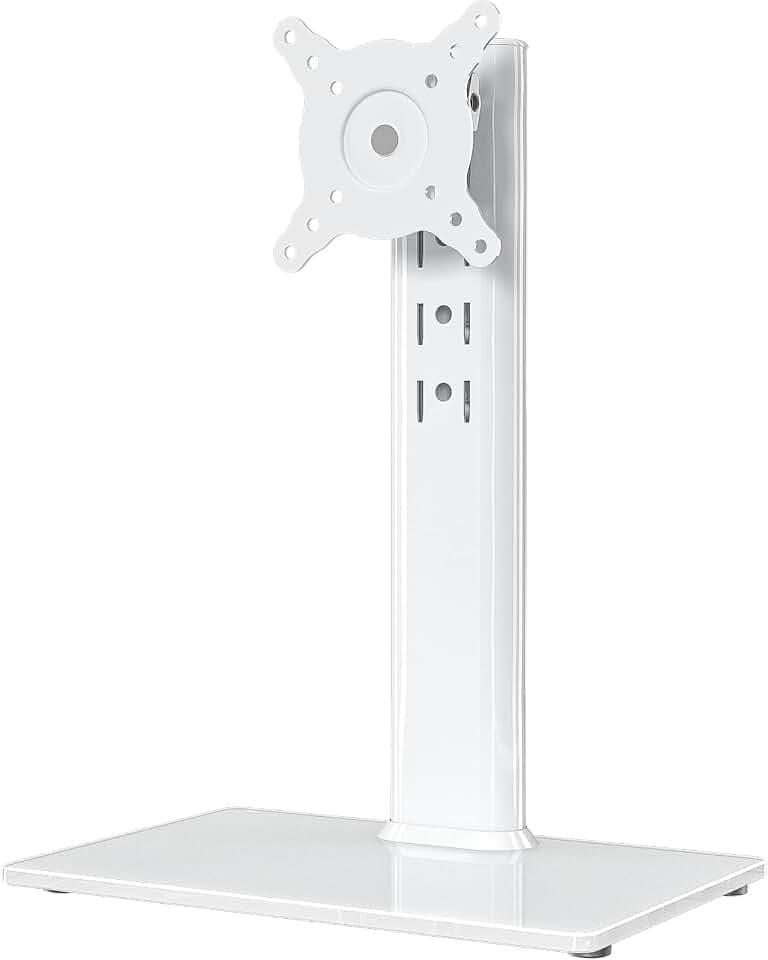 Hemudu Single LCD Computer Monitor Free-Standing Desk Stand Riser for 13 inch to 32 inch Screen with Swivel, Height Adjustable, Rotation, Holds One (1) Screen up to 77Lbs(HT05W-001) White