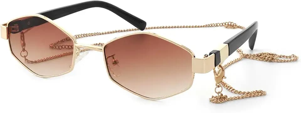 JiSoo Retro-Sonnenbrille für Damen, sechseckig, mit Kette, goldfarben, trendige Designer-Sonnenbrille für Damen