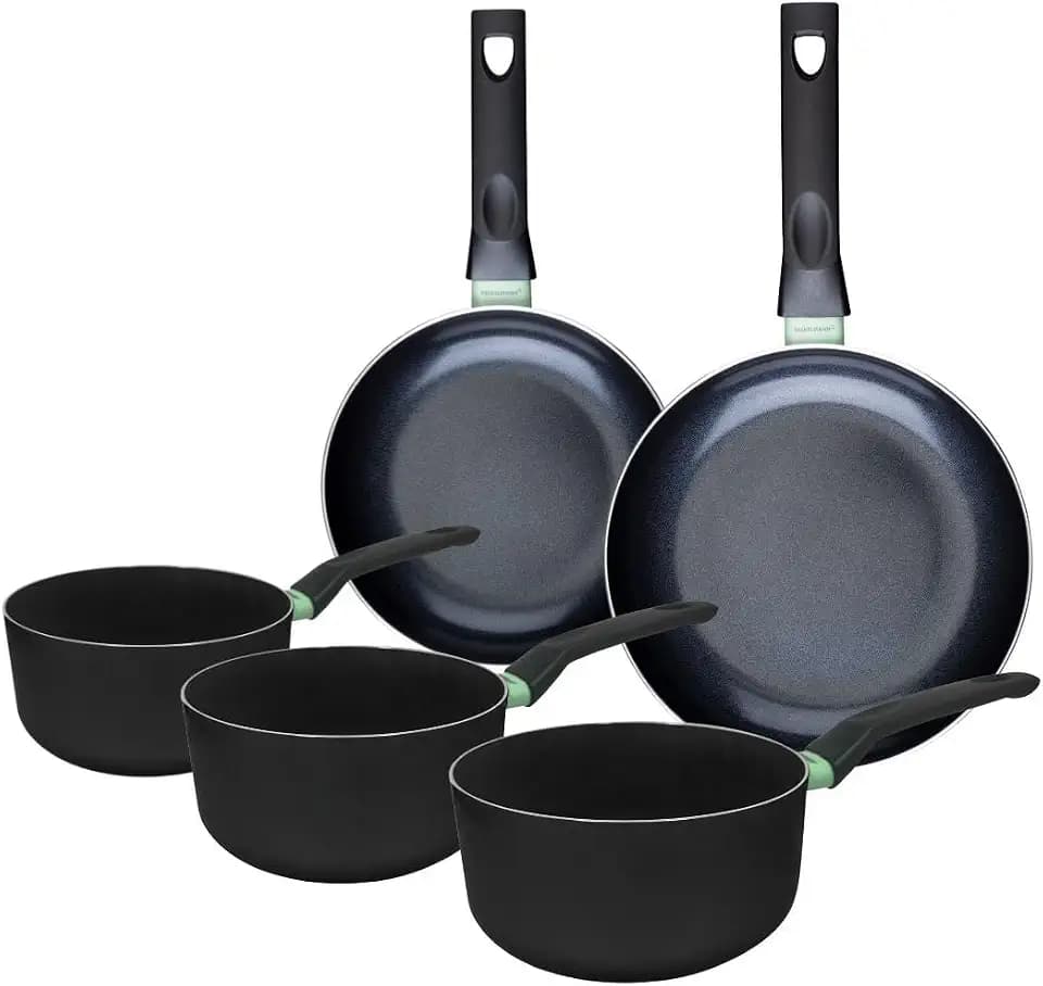 Fackelmann 9430650 Pfannen-Set, 2-teilig, 20 und 24 cm, 3 Töpfe 16, 18 und 20 cm, Antihaftbeschichtung, PFAS-frei, alle Herdarten, Induktion, Backofen, Aluminium, Schwarz, Grün, 16, 18 und 20 cm