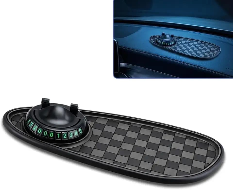 Multifunction Car Anti-slip Mat, ABS Adjustable Rotatable Phone Holder, PVC Sticky Storage Pad & Hidden Parking Number Plate, Dashboard Organizer for Most Cars (Black & Gray)