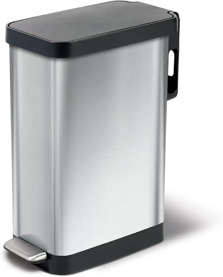 Glad Slim Trash Can with Clorox Odor Protection - Narrow Kitchen Garbage Bin with Soft Close Lid, Step On Foot Pedal and Waste Bag Roll Holder, Stainless Steel, 12 Gallon/45 Liter