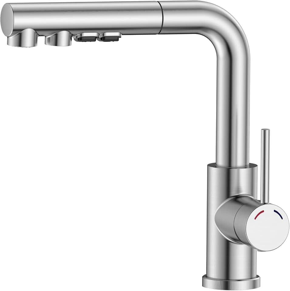 Küchenarmatur Ausziehbar mit 3 Strahlarten, 360° Schwenkbarer Wasserhahn Küche aus 304 Edelstahl, L-Form Spültischarmatur mit Brause, Gebürstetes Nickel
