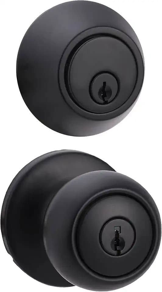 Amazon Basics Exterior Door Knob with Key Lock and Deadbolt, Keyed Alike, Coastal, Matte Black