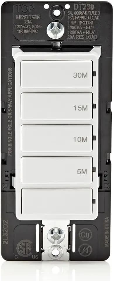 Leviton Countdown Switch for bathroom household lights, 5-10-15-30 min, Neutral Wire Required, 20A, 1HP/16A Fan/Motor, Single Pole, Multi-Way or Multi-Timer, DT230-1LW, White