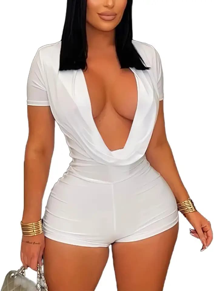 Molilove Sexy Romper for Women Short Sleeve Deep V Neck Bodycon Short Jumpsuit One Piece Y2K Party Clubwear