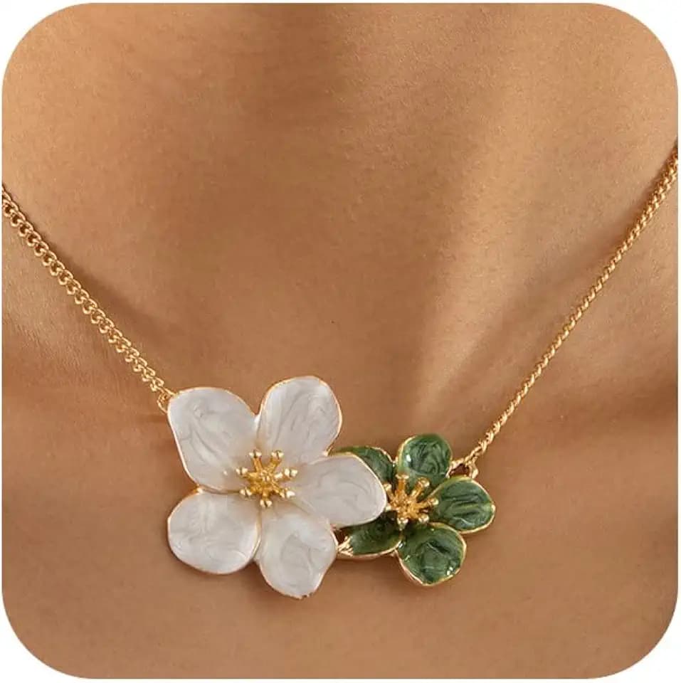 White Necklace Gold Flower Enamel Pendant choker for Women trendy Statement