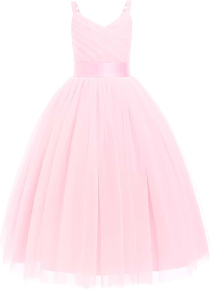 IDOPIP La fille des Fleurs Princesse Kleid lang Plissee Hochzeit Brautjungfer Ballkleid Stickerei Blume Spitze Elegant V-Ausschnitt