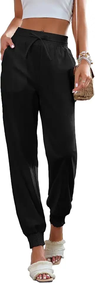 Fessceruna Damen Hose High Waist Leicht Sweathose mit Kordelzug Freizeithose Baumwolle(Schwarz, S)