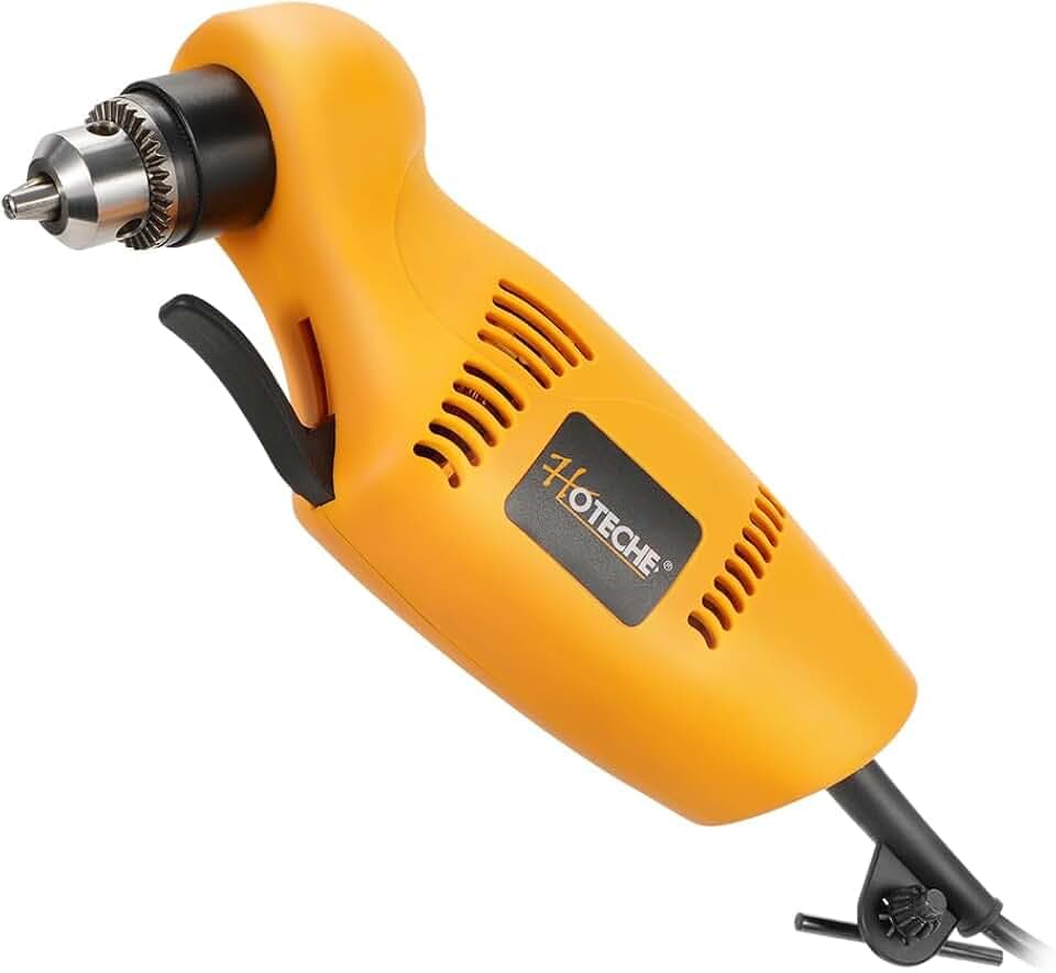 Hoteche 450W Winkelbohrmaschine – Leistungsstarker 220-240V Bohrer mit 0-1400rpm, 10mm Schlüsselaufnahme, variablem Geschwindigkeitsregler, VDE-Stecker, inkl. Zubehör – Ideal für Holz und Metall