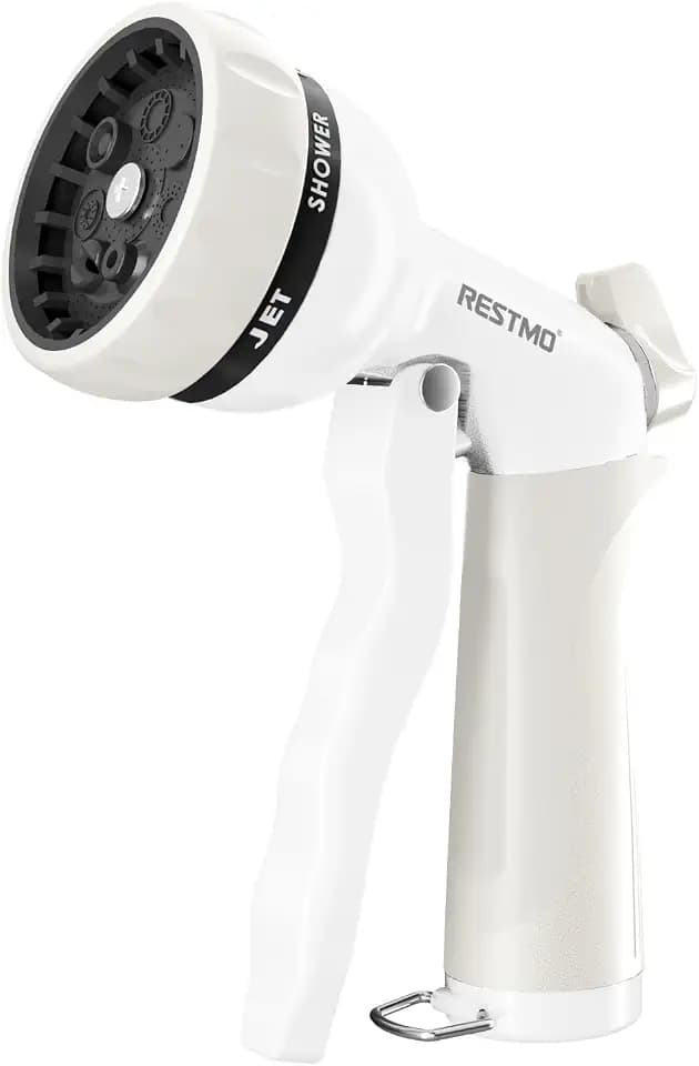 RESTMO Garden Hose Nozzle, Heavy Duty Metal Water Hose Nozzle with 7 Adjustable Spray Patterns, High Pressure Hand Sprayer with Flow Control, Best for Watering Plant & Lawn, Washing Car & Pet, White