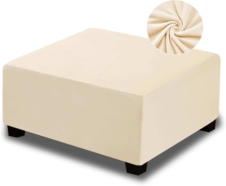 NeColorLife Ottoman Cover Square Velvet Ottoman Slipcover Thick Stretchable Footrest Stool Covers with Elastic Band for Ottoman(Small Size,Cream)