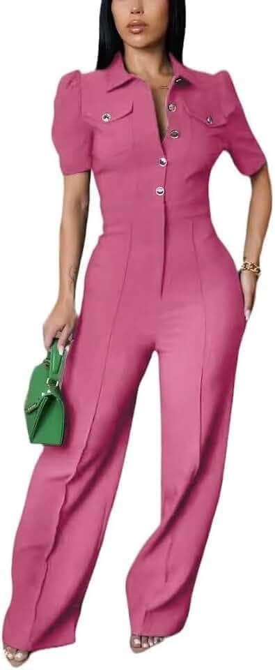 Women's fashionable, sexy, elegant, high waisted, wide leg pants, club business party button jumpsuit