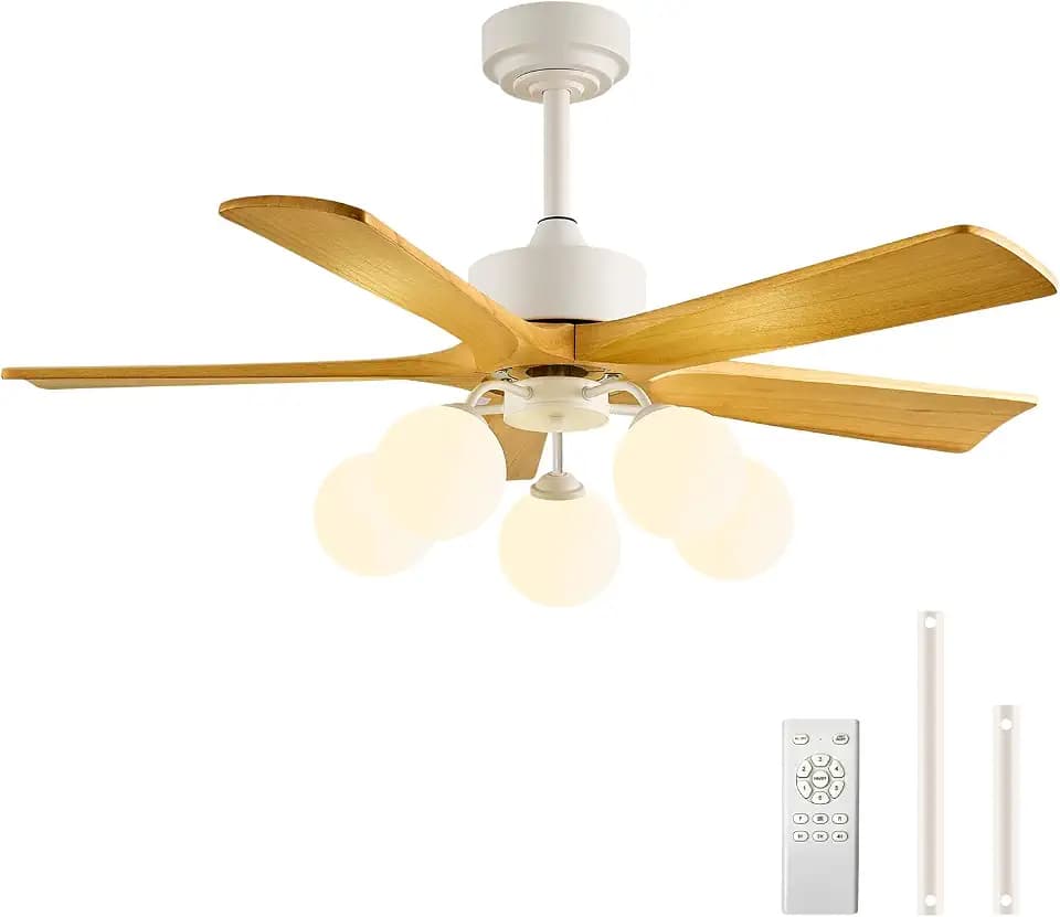 42 Inch Wooden Ceiling Fan with Light,5-Lights Glass Globe and Remote, 5 Reversible Carved Wood Blades, Indoor Wood Ceiling Fan with Quiet DC Motor,6 Wind Speeds,White Ceiling Fan for Bedroom Kitchen