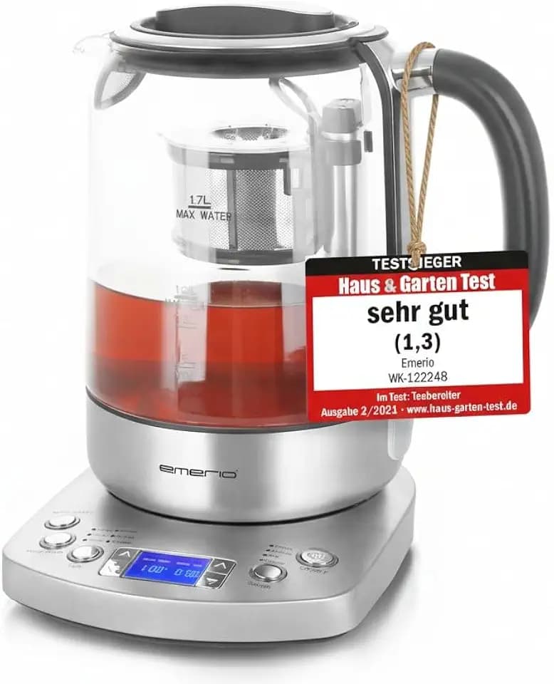 EMERIO Glas Teekocher Wasserkocher | 1,7 Liter | TESTSIEGER mit Note 1.3 | vollautomatisches Teesieb | Absenkautomatik | Borosilikatglas | Temperaturwahl | 2200 Watt | Schwarz/Silber | WK-122248