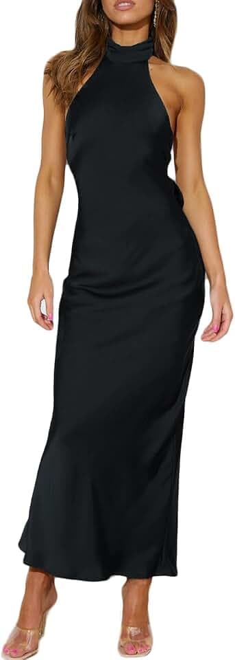 Women Summer Satin Halter Neck Backless Formal Wedding Guest Maxi Dress