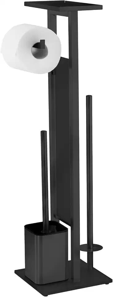 WENKO Stand WC-Garnitur Mod. Debar mit Ablage, aus mattiertem Edelstahl, Bodenplatte aus schwarzem Sicherheitsglas, 21 x 70,5 x 18 cm