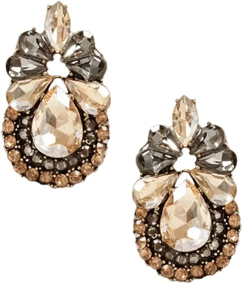 Bronze Art Deco Antique Retro Vintage Style Amber Citrine Topaz Grey Earth Tones Rhinestone Bridal Bridesmaid Wedding Prom Cluster Earrings
