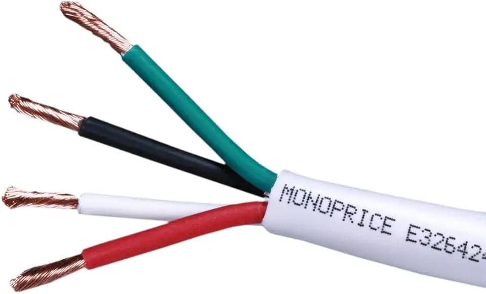 Monoprice Access Series 18 Gauge AWG CL2 Rated 4 Conductor Speaker Wire/ Cable - 100ft Fire Safety In Wall Rated, Jacketed In White PVC material 99.9% Oxygen-Free Pure Bare Copper