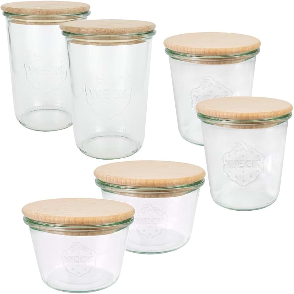 Weck Gläser Set (6 Einmachgläser, 2x 250 ml, 2x 500 ml, 2x 750 ml mit Holzdeckel, zum Einmachen/Aufbewahren von Lebensmitteln) 79213, Klar
