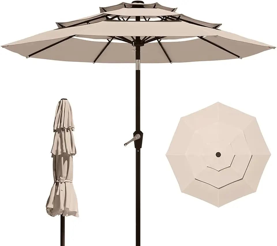 10FT Patio Umbrella 3 Tiers Outdoor Market Umbrella w/Push Button Tilt, Crank, UV and Waterproof Table Umbrella for Garden, Pool, Backyard, Deck, Lawn, Beige