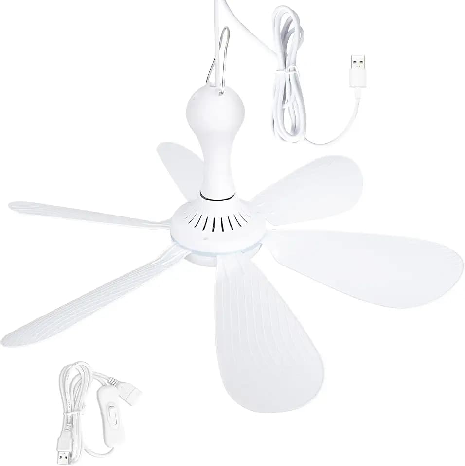 Xindejia USB Powered Small Ceiling Fan 6 Blades Quiet DC 5V USB Hanging Fans for Indoor Outdoor RV Bed Room Dorm Desk Travel Camping Tent Cubicle Mini Portable Canopy Fans - White