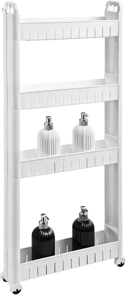 4 Tiers Slim Rolling Storage Cart, 3.5 in Slim Slide Out Bathroom Organizer Cart, Tiered Storage Rack with Wheels, Narrow Mobile Utility Cart for Laundry Room, Kitchen, Office, Sturdy Room