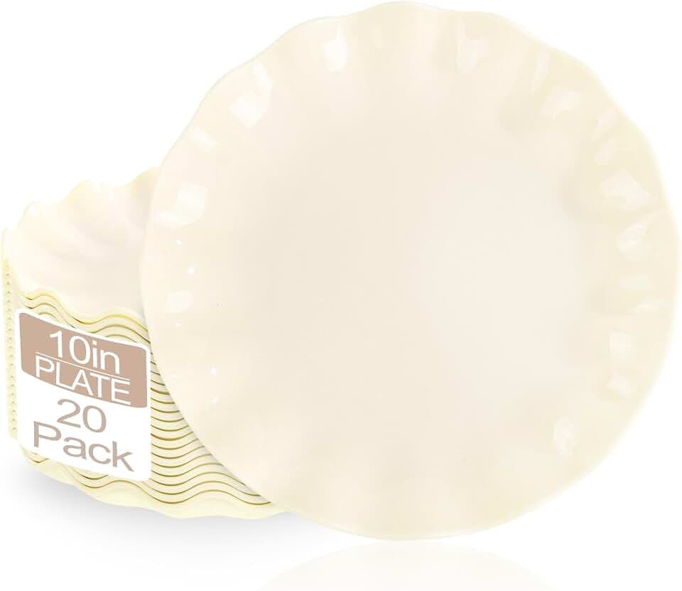 LIYH 20 Pcs 10 Inch Beige Plastic Plates Reusable - Unbreakable Plastic Scalloped Wavy Dinner Plates for Baby Shower Camping Party Outdoor Picnics Dishwasher Safe BPA Free