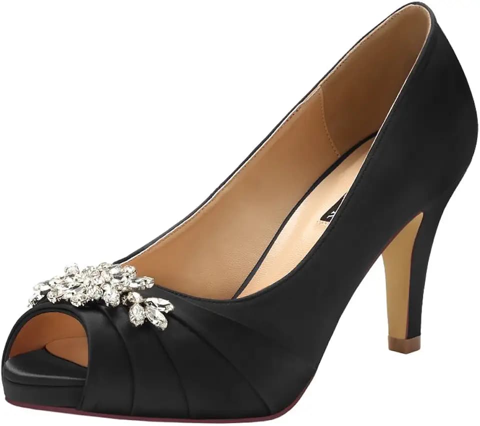 ERIJUNOR Peep Toe Mid Heels for Woman Rhinestones Satin Evening Prom Wedding Shoes