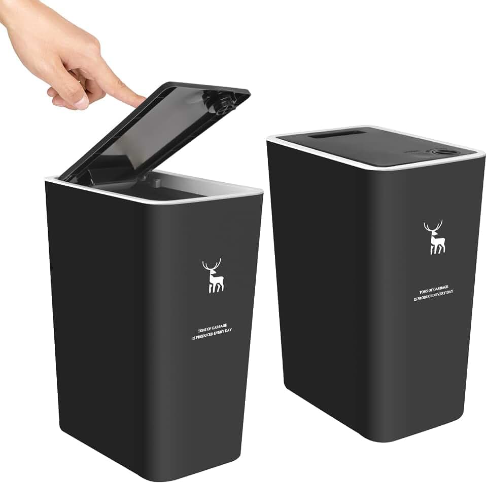 XPIY Mülleimer mit Deckel, 2 Stück, 15 Liter Mülleimer mit Druckverschluss, kleiner Mülleimer, Hundefest, Kunststoff-Mülleimer, Abfalleimer für Badezimmer, Küche, Schlafzimmer, Büro (2, schwarz)