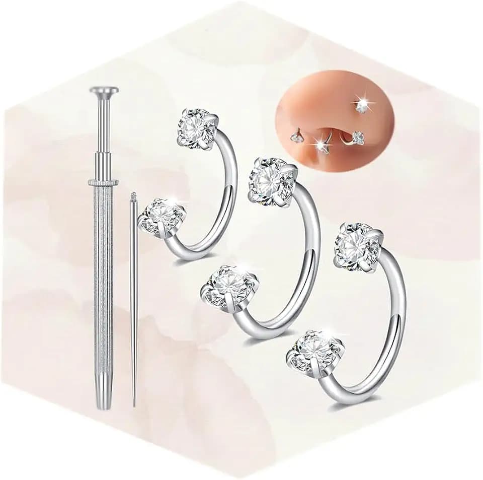 Longita 18g 20g Horseshoe Nose Ring for Women Double Gem Horse Shoe Nose Ring Hoop 6mm 7mm 8mm Surgical Steel Silver Cartilage Helix Tragus Earring Hoops Labret Lip Piercing Jewelry Small Septum Rings