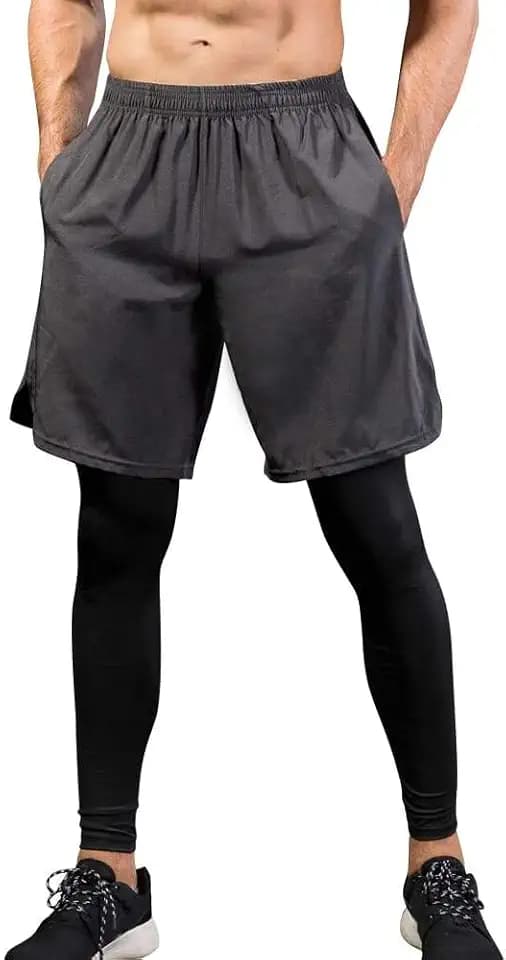 Yuerlian Mens 2 in 1 Pants Quick Dry Sports Clothes Sets, Running Training Shorts + Leggings