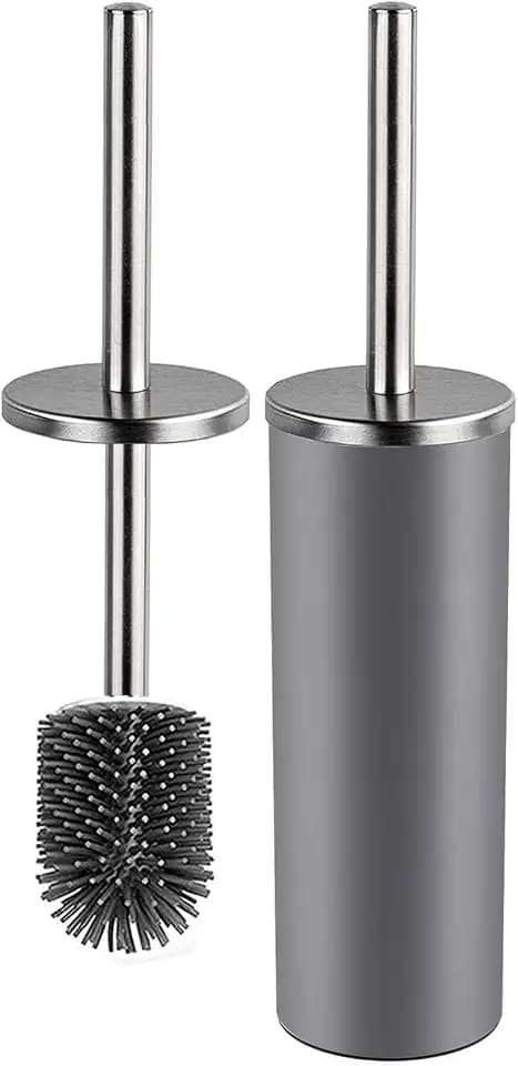 Bingobang Toilettenbürste,Silikon WC-Bürste und Behälter,Edelstahl rostfrei Deckelgriff,Toilettenbürsten für Badezimmer mit schnell trocknendem Haltersatz (Grau)