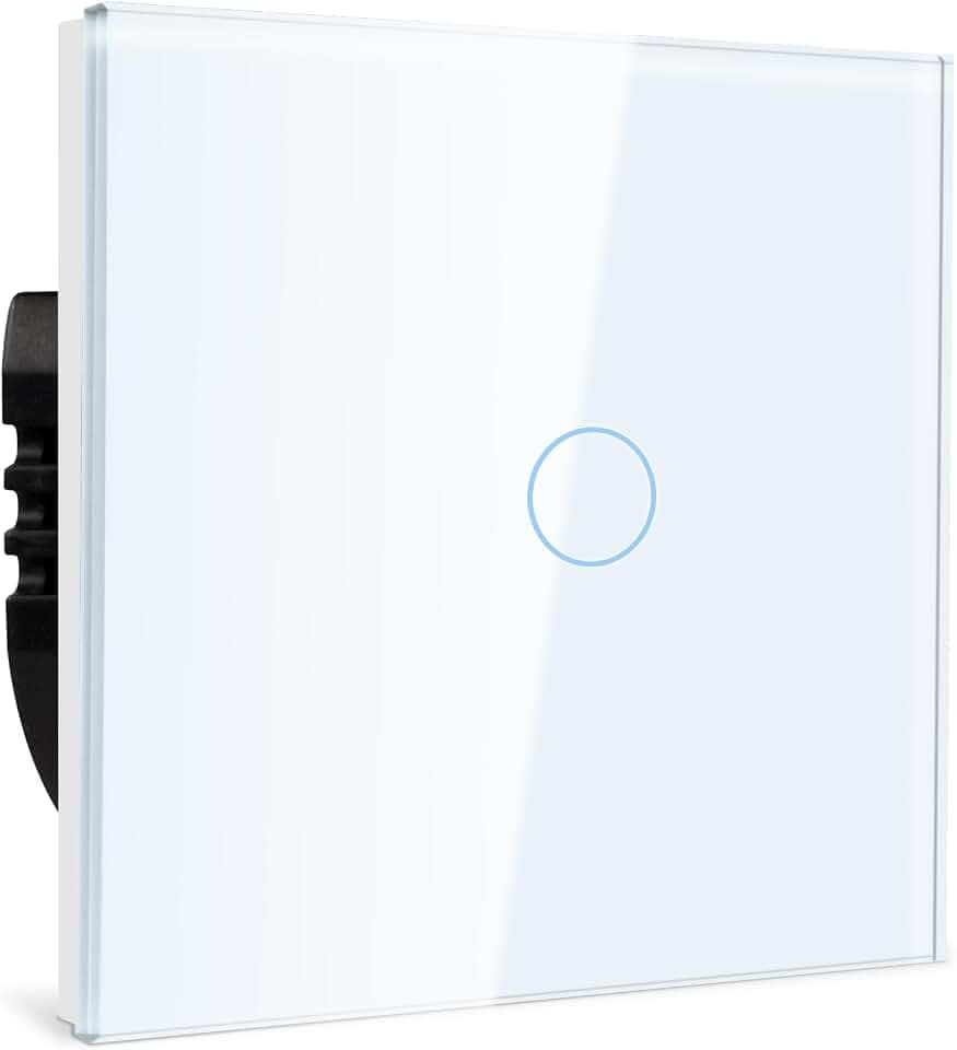 TAWOIA Normaler Lichtschalter, Wandlichtschalter, Standard 110 V-240 V, 86 x 86 mm Gehärtete Kristallplatte mit LED Hintergrundbeleuchtung 1 Fach 1 Weg Touch Lichtschalter,1000W,Weiß