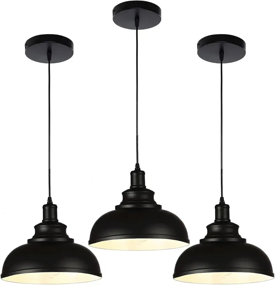 Black Dome Metal Pendant Lights - Hanging Ceiling Fixture for Industrial, Farmhouse Kitchen Island, Dining Room, Foyer (3 pack)