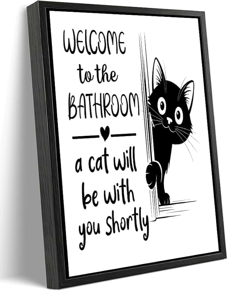 Black Framed Funny Cat Canvas Wall Art, Black White Humorous Animal Bathroom Poster Print Artwork, Welcome to Bathroom Painting Picture Wall Decor, for Restroom, Toilet, Home Decoration, 12x16in