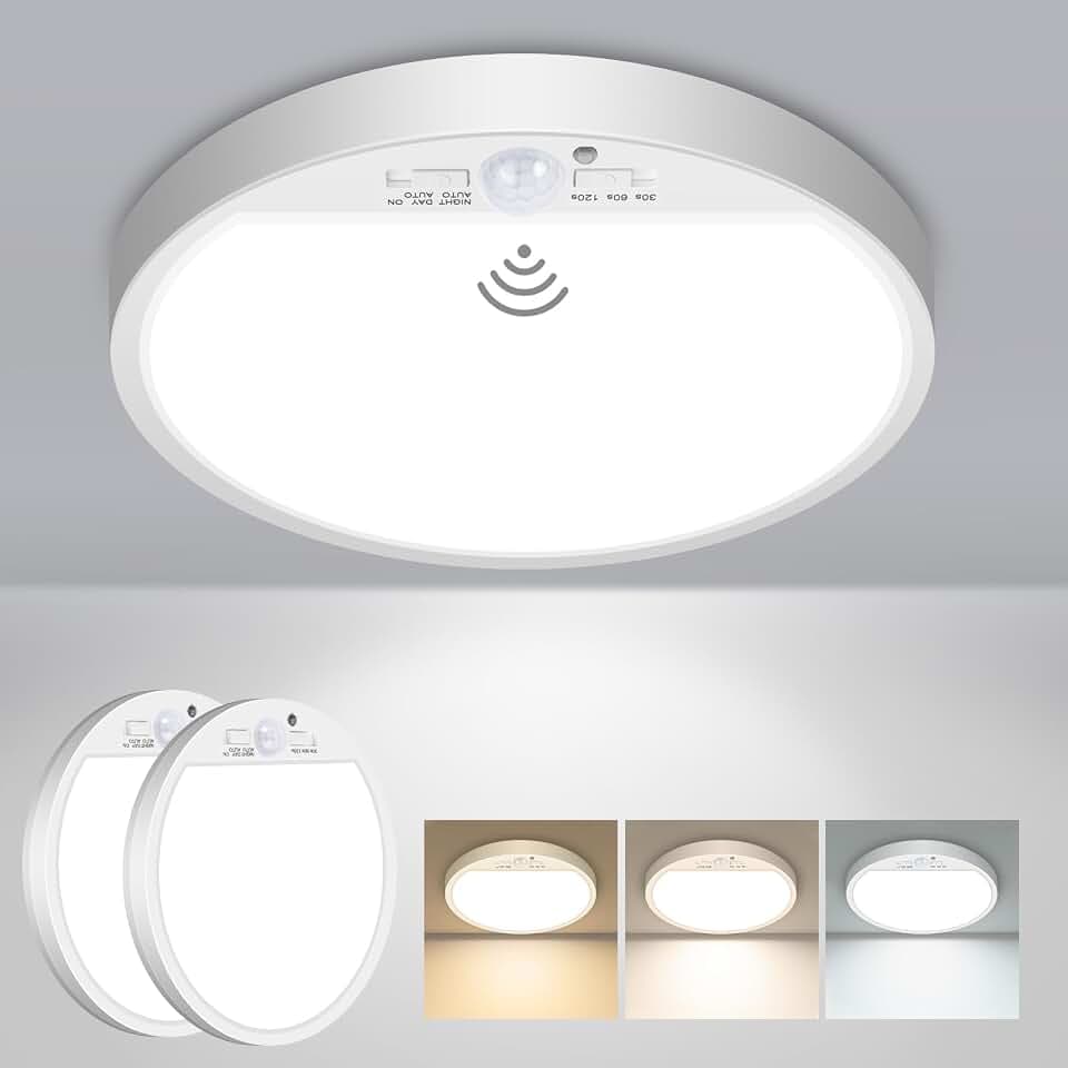slochi 2 Stück Lampe Deckenlampe mit Bewegungsmelder Innen, 18W 1800LM LED Deckenleuchte mit Bewegungsmelder, 3000K/4000K/6500K Rund Sensor Licht für Flur Treppe Küche Balkon Abstellraum Keller, Ø22CM
