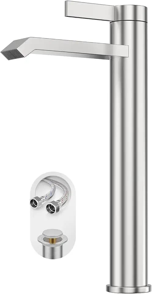 Phiestina Brushed Nickle Single Hole Tall Bathroom Bowl Faucet, Single Handle Above Counter Sink Bathroom Vessel Faucet with Waterfall,Pop Up Drain and Water Supply Line,FH04-BN-V