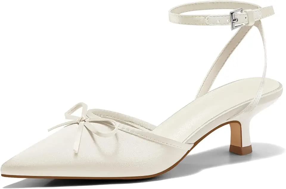 Coutgo Satin Kitten Low Heels with Bow Closed Pointed Toe Short Pumps Dress Wedding Party Shoes