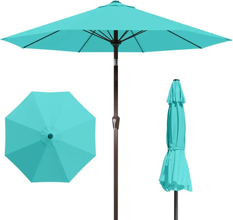 9FT Patio Umbrella with Fiberglass Ribs, Outdoor Market Table Umbrella with Crank and Tilt, UV Resistant Waterproof Canopy for Patio, Garden, Deck, Pool, Aqua Blue